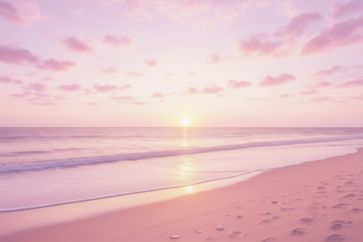 sunset on a beach with a pink purple sky